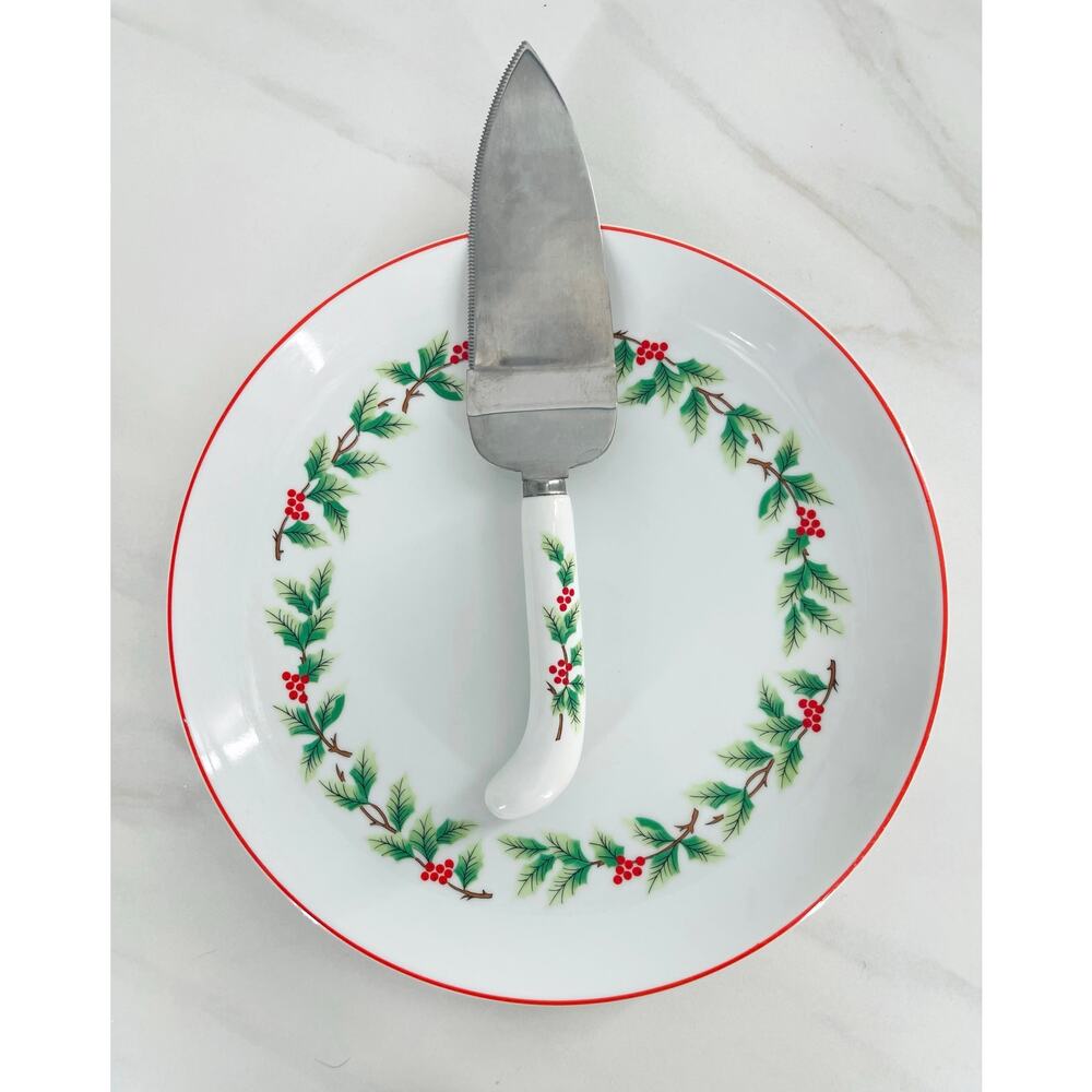 Vintage Lillian Vernon Christmas Cake Plate & Server Set Porcelain Holly w/Box